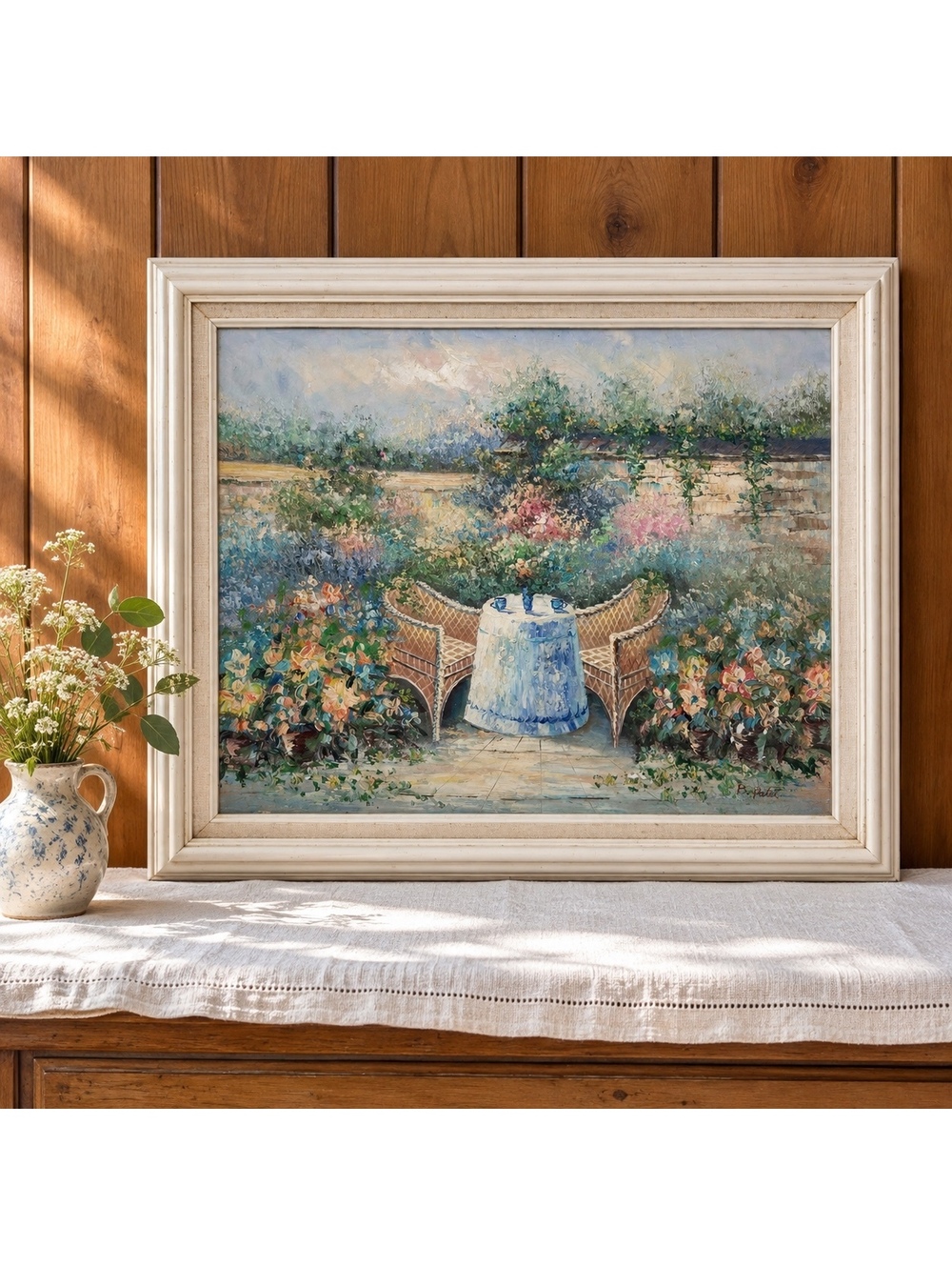 Vintage Oil Painting Floral Garden Patio Signed B. Patel Framed 24 x 20